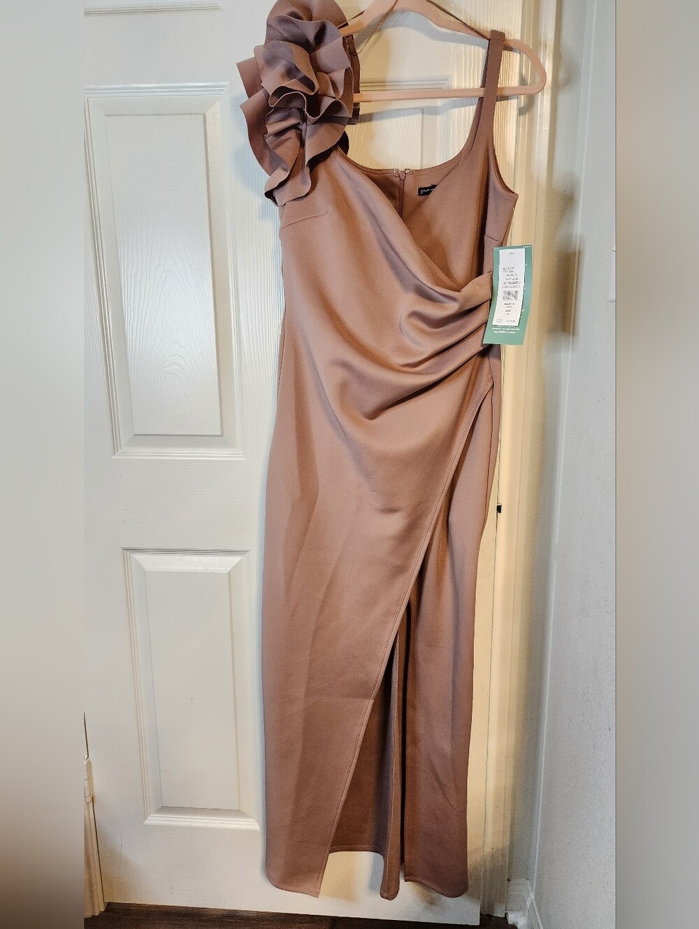 Sam And Jess Acorn Chestnut Evening Gown with Ruffle Shoulder And Front Split